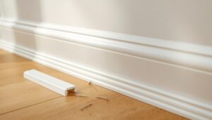 Painted baseboard trim installed along the bottom of an interior wall in a home