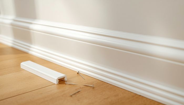 Painted baseboard trim installed along the bottom of an interior wall in a home