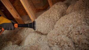 Cellulose insulation being blown into an attic space using a blowing machine and hose