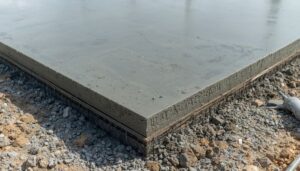 Concrete slab foundation being poured and leveled for new home construction