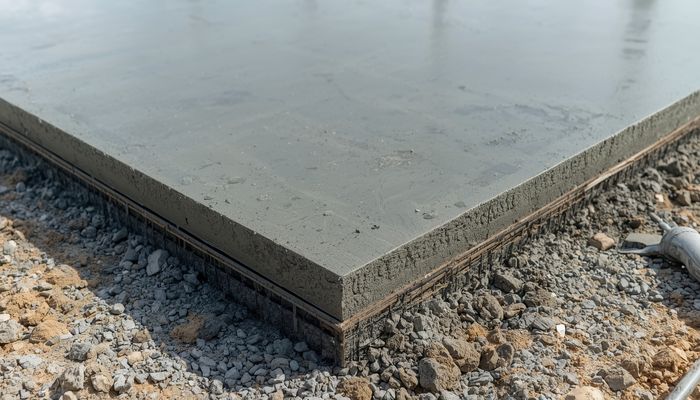 Concrete slab foundation being poured and leveled for new home construction