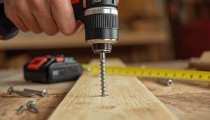 Cordless drill with battery and drill bits on a workbench in a home workshop