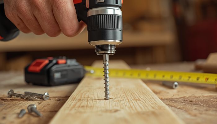 Cordless drill with battery and drill bits on a workbench in a home workshop