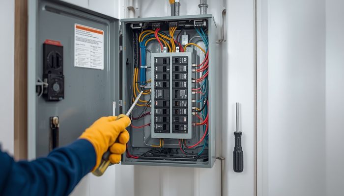 Electrical panel upgrade showing new circuit breaker panel being installed in a home