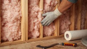 Fiberglass insulation batt being installed between wooden wall studs in a home construction project