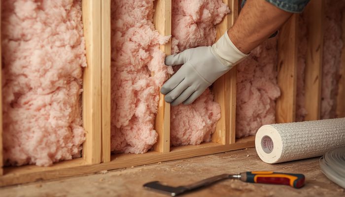 Fiberglass insulation batt being installed between wooden wall studs in a home construction project