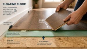 Floating floor installation with click-lock laminate planks being laid over underlayment