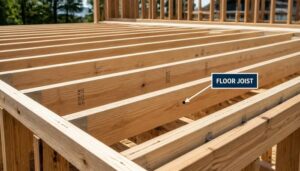 Floor joists installed in a residential home foundation showing wooden framing structure