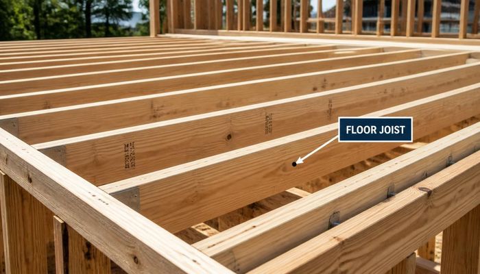 Floor joists installed in a residential home foundation showing wooden framing structure