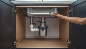 Garbage disposal unit installed under a kitchen sink showing mounting assembly and power cord