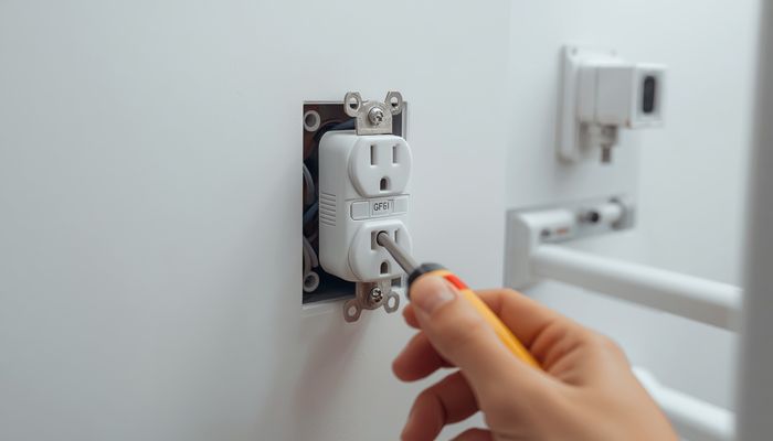 GFCI electrical outlet installed in a bathroom with test and reset buttons visible