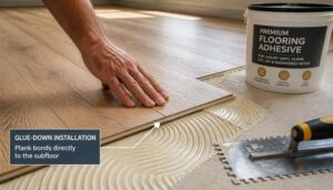 Glue-down flooring installation with adhesive being applied to subfloor before laying planks