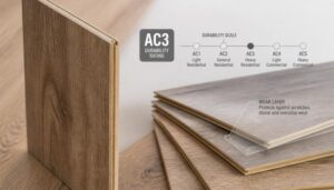 Laminate flooring planks with AC rating label showing durability classification