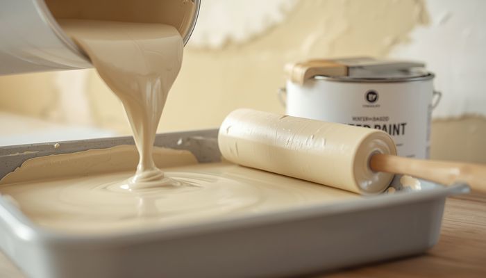 Can of latex paint being poured into a roller tray for interior wall painting