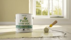 Low-VOC paint being applied to an interior wall with a roller in a well-ventilated room