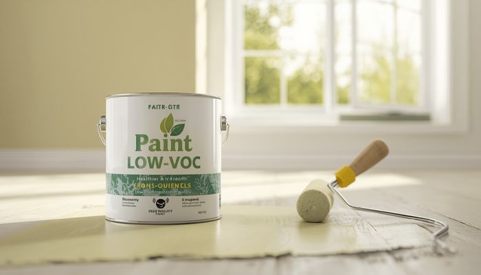 Low-VOC paint being applied to an interior wall with a roller in a well-ventilated room
