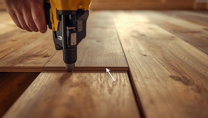 Nail-down hardwood floor installation with a flooring nailer being used to secure planks