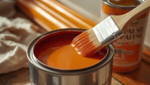 Oil-based paint can and brush being used for a trim painting project showing glossy finish