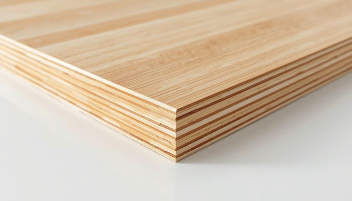 Plywood sheets stacked showing the layered wood veneer construction and edge grain