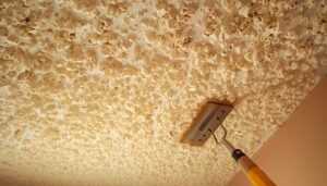 Popcorn ceiling texture in a room showing the bumpy stucco-like acoustical finish