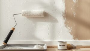 Applying primer paint to an interior wall before painting with a roller and tray