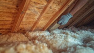 Fiberglass insulation batt with R-value label installed between wall studs in a home