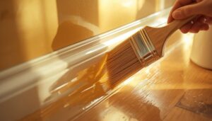 Semi-gloss paint finish on kitchen cabinets and trim showing reflective sheen