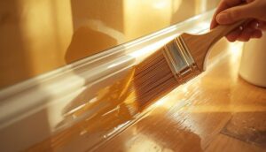 Semi-gloss paint finish on kitchen cabinets and trim showing reflective sheen