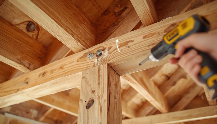 Sistering a damaged floor joist by attaching a new board alongside the existing one for reinforcement