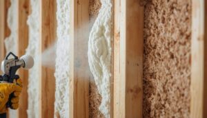 Spray foam insulation being applied to a wall cavity expanding to fill gaps and seal air leaks