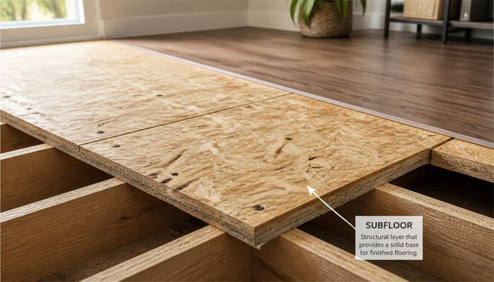 Plywood subfloor being installed over floor joists during home construction