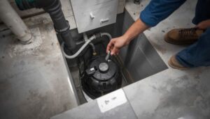 Sump pump installation in a residential basement sump pit with discharge pipe and cover