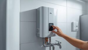 Tankless water heater mounted on a wall in a home showing compact design and venting pipe