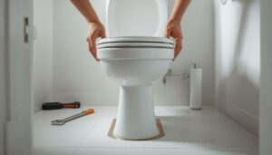 New toilet being installed in a bathroom with wax ring and mounting bolts visible
