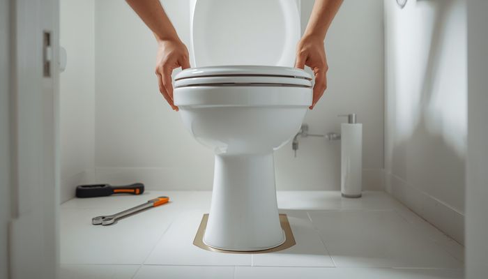 New toilet being installed in a bathroom with wax ring and mounting bolts visible
