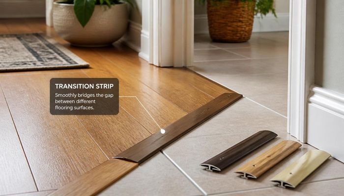 Transition strip between two different flooring types in a doorway showing smooth floor height change