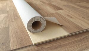 Flooring underlayment rolled out over subfloor before installing laminate or hardwood flooring