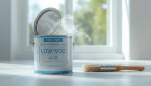 Low-VOC paint can label showing eco-friendly certification and low chemical emissions