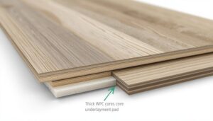 WPC core luxury vinyl plank cross section showing the waterproof composite core construction