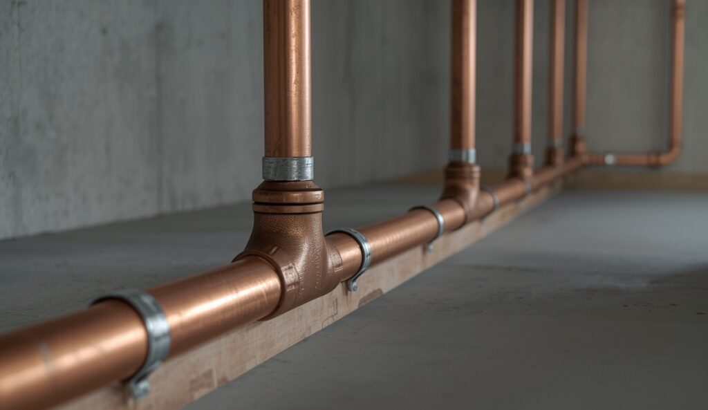 New copper water pipe running along a basement joist, soldered elbows held by metal straps
