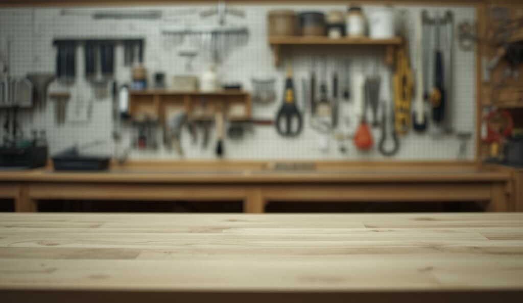A clean empty workbench in the foreground with a pegboard tool wall blurred behind it