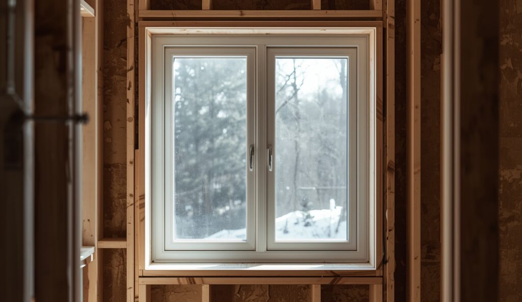 A newly fitted white double-hung window in a framed rough opening