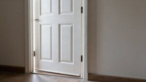 A six-panel door hung in its frame, seen from inside a hallway